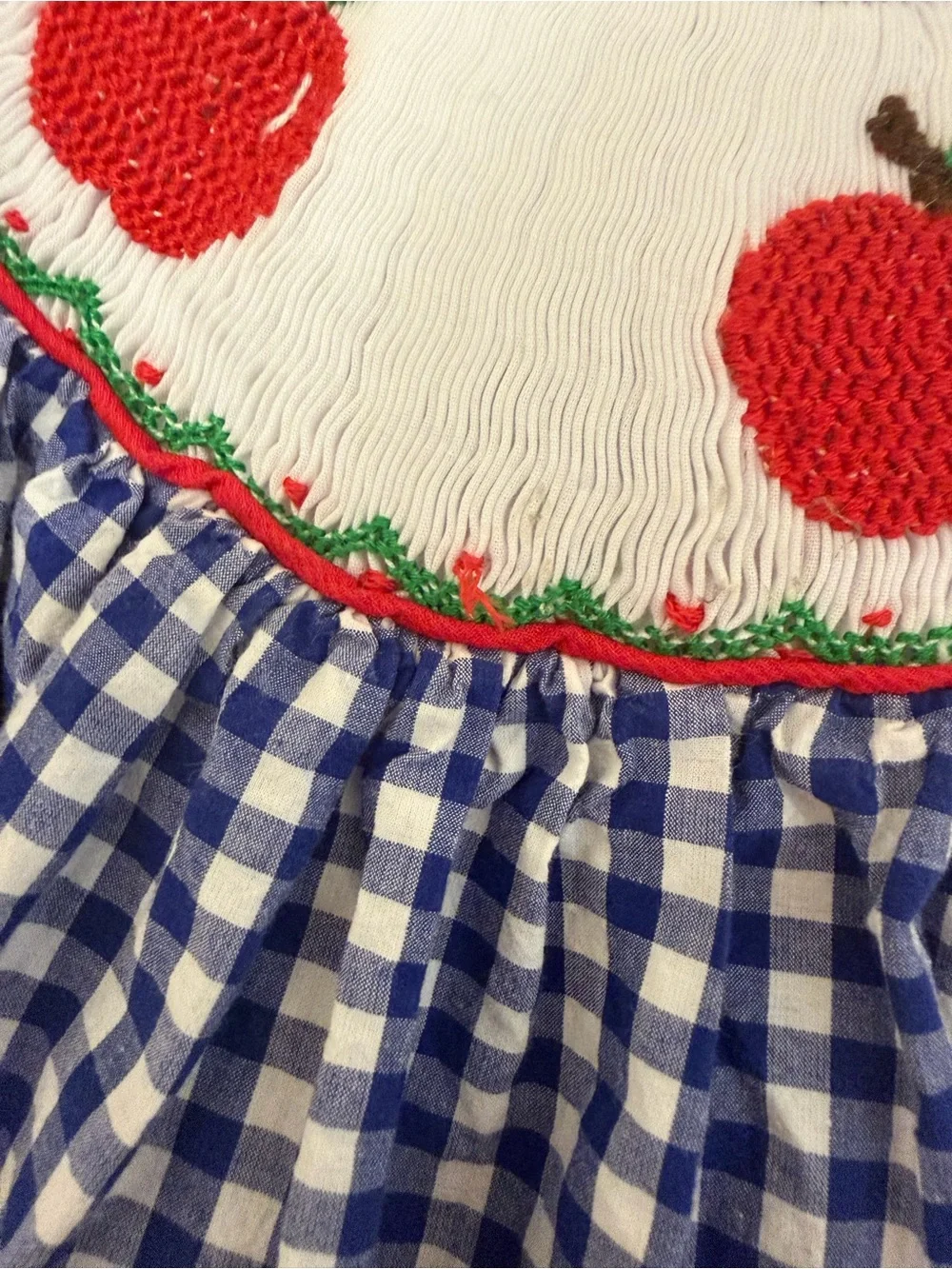 Blue Gingham Smocked Kids Dress with Red Apple Detail
